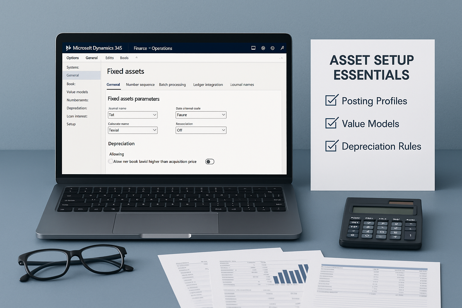 Microsoft Dynamics 365 Finance & Operations Fixed Assets configuration setup with checklist of posting profiles, value models, and depreciation rules on an office desk.