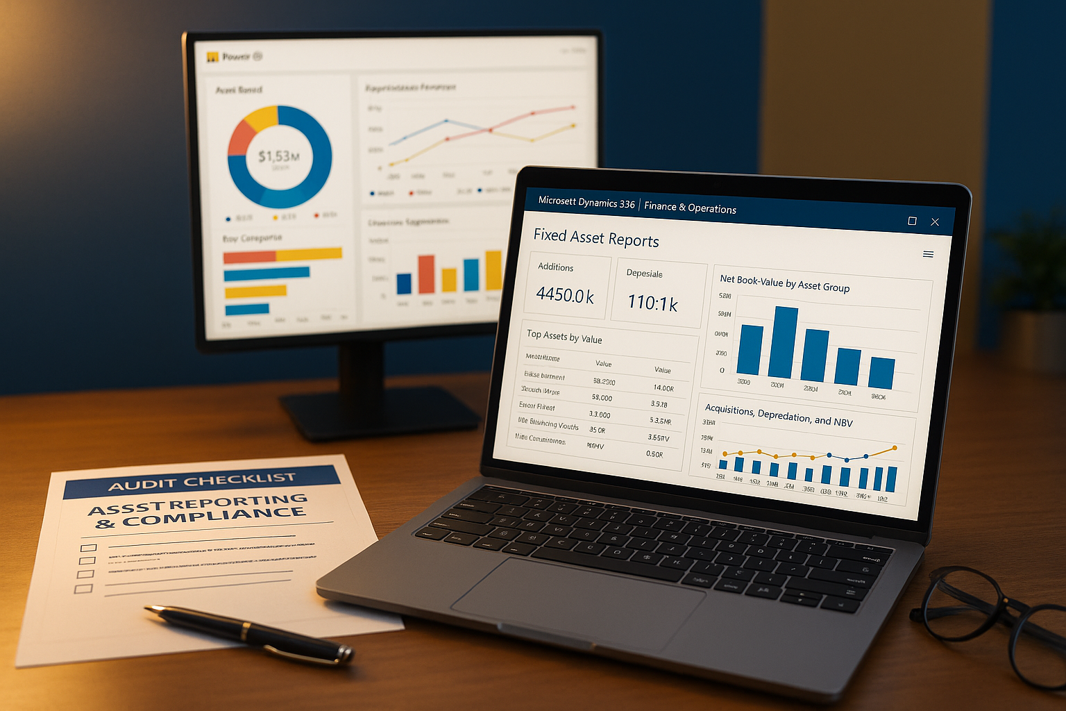 Microsoft Dynamics 365 Finance & Operations fixed asset reporting dashboard with audit checklist and Power BI charts for compliance and financial accuracy.