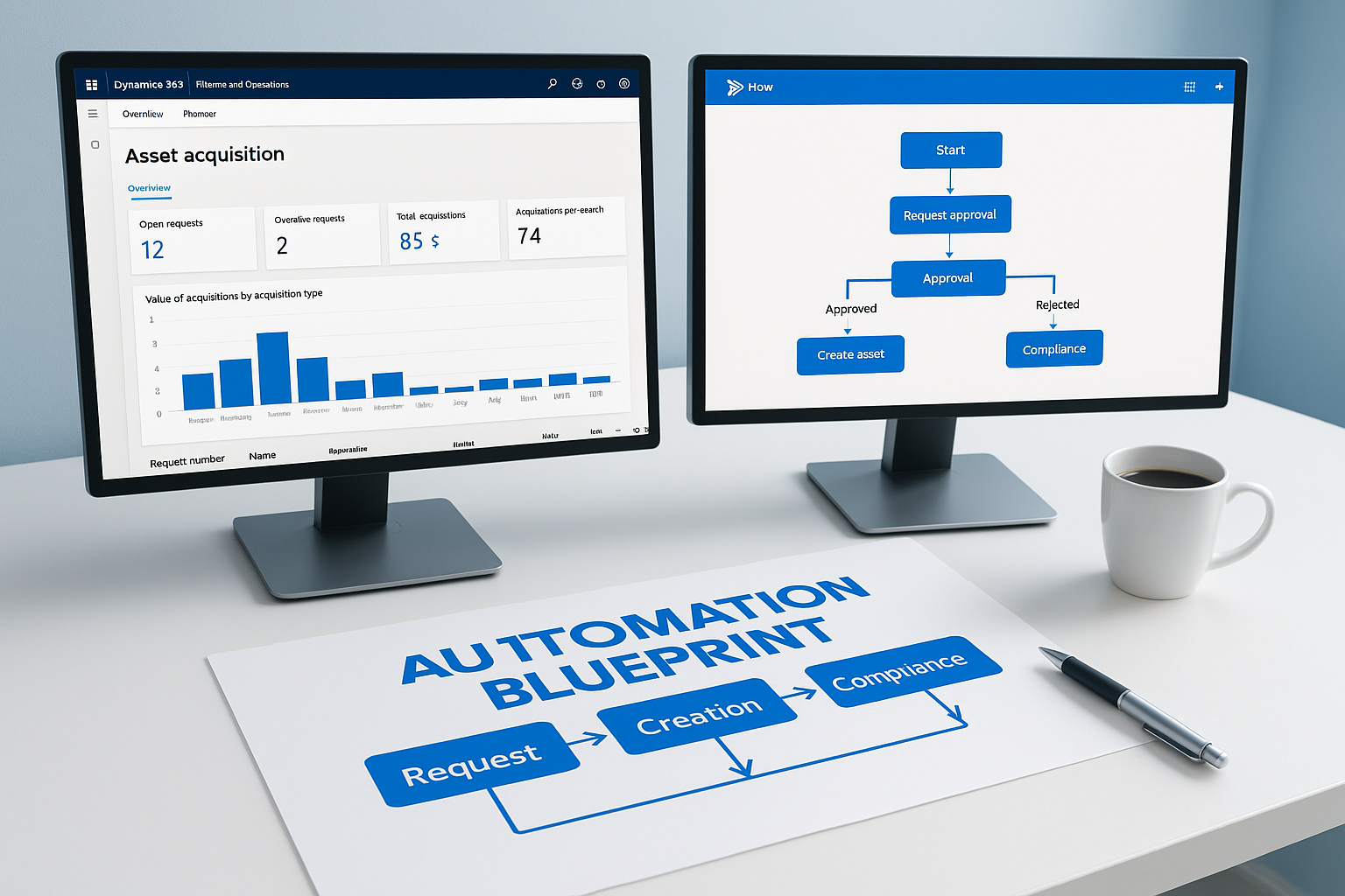Microsoft Dynamics 365 Finance & Operations with Power Automate workflow for automated asset acquisition showing approvals, reporting, and compliance tracking.