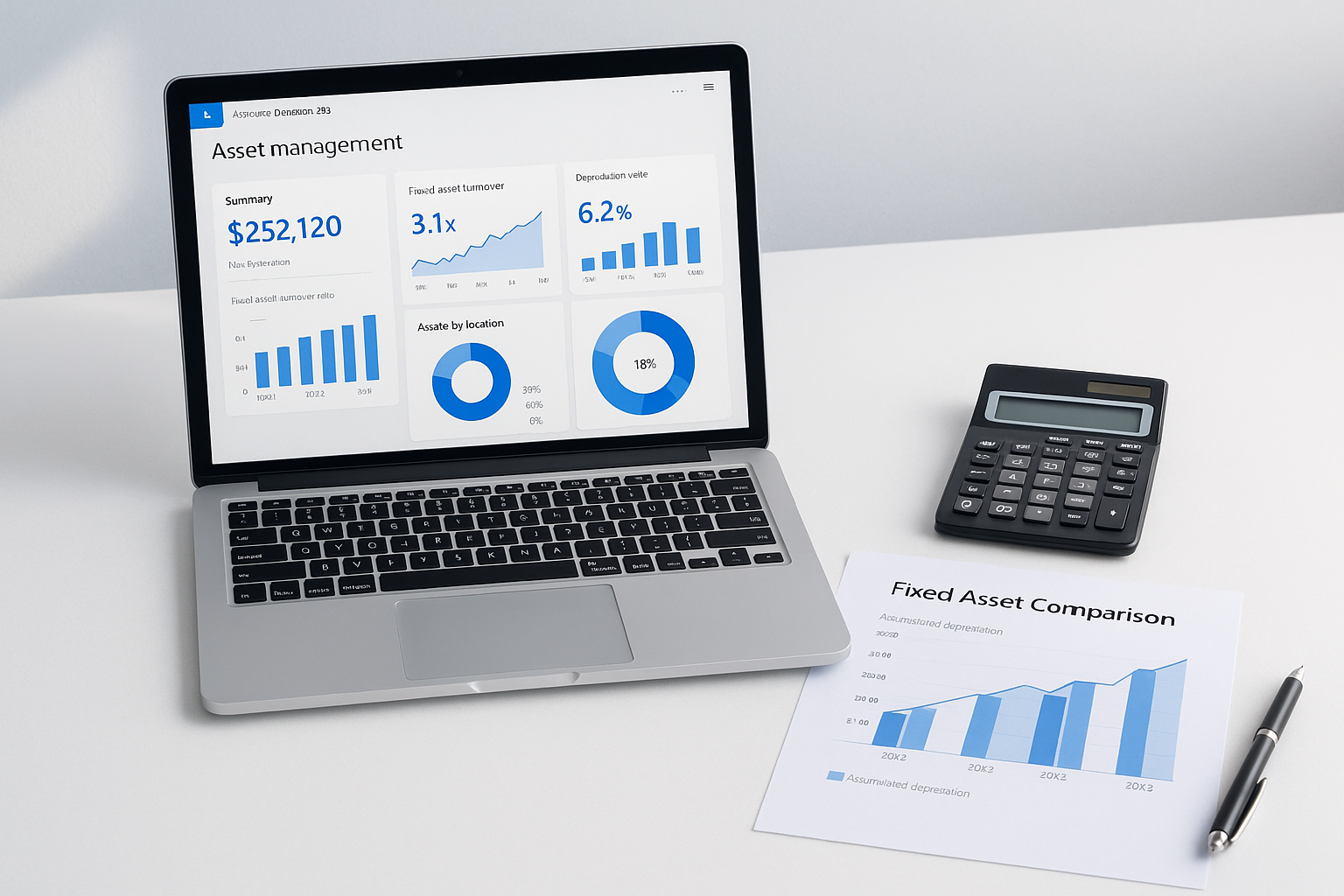 Fixed asset acquisition methods guide in Microsoft Dynamics 365 Finance & Operations showing financial dashboard, comparison table, and workspace setup.