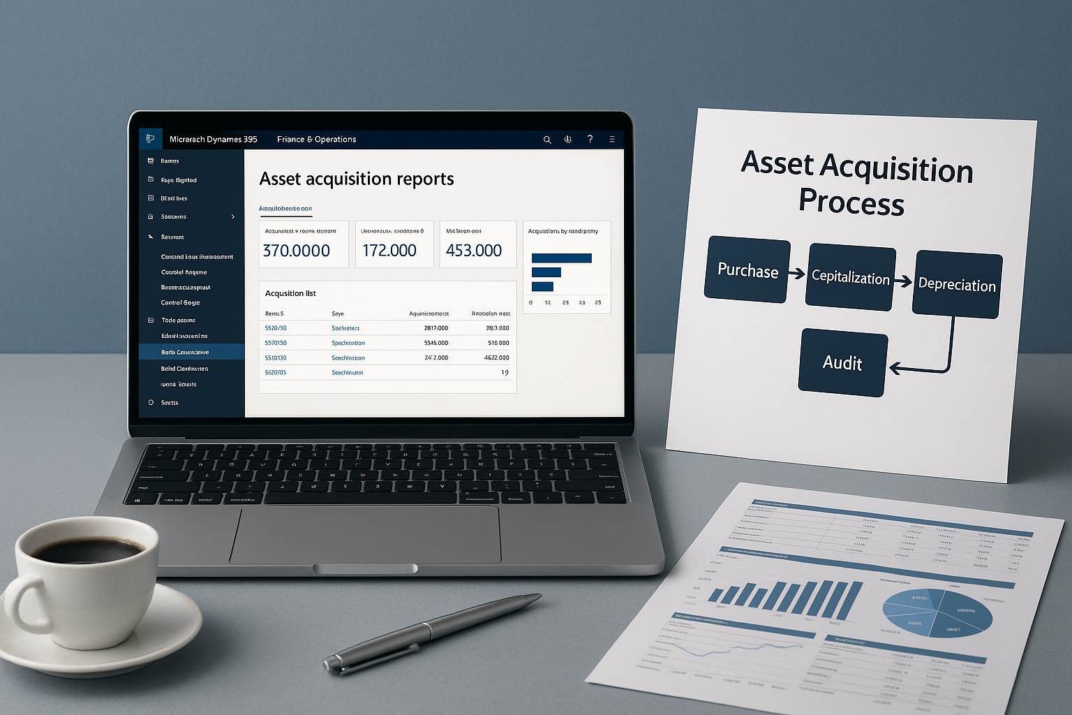 Modern ERP system showing fixed asset acquisition workflow in Microsoft Dynamics 365 Finance & Operations with lifecycle chart and financial reports.