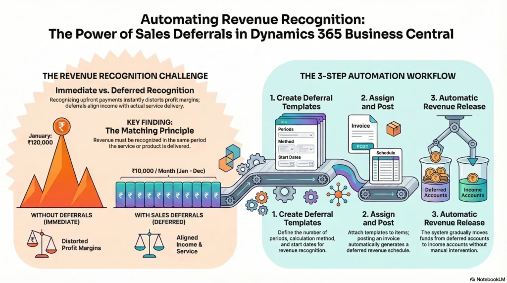 Diagram showing how sales deferrals automate revenue recognition in Dynamics 365 Business Central using deferral templates, invoices, and automated revenue release across accounting periods.